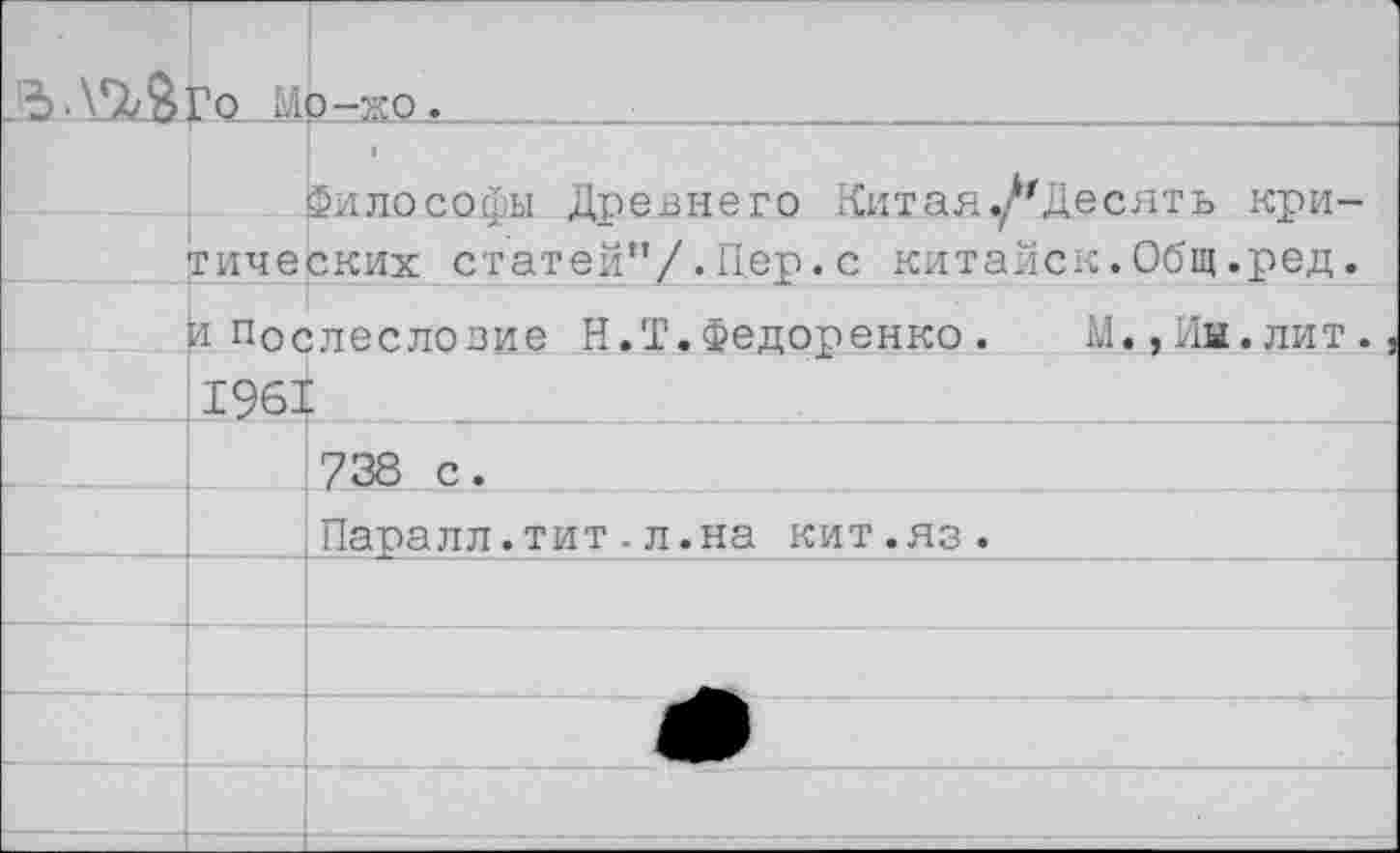 ﻿	Го М	о-ко.
	типе	1 Философы Древнего Китая ./'Десять кри-ских статей”/.Пер.с китайск.Общ.ред.
	и Послесловие Н«Т.Федоренко.	М.,Ин.лит., 1961	
		738 с.
		Паралл.тит.л.на кит.яз.
		
		
		
		